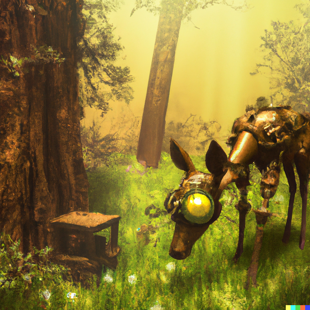 steam punk mechanical deer in forest