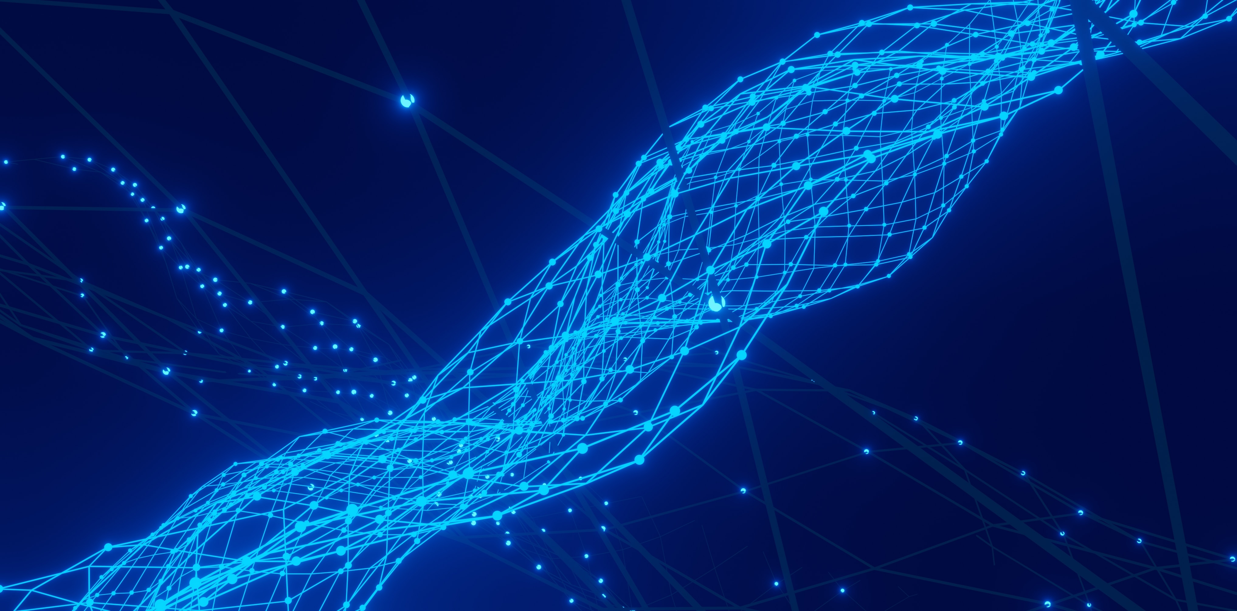 light blue lights connected in dna type stream on dark blue background