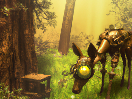 steam punk mechanical deer in forest