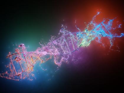 helix shape in white and pink on purple and red and dark background
