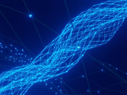 light blue lights connected in dna type stream on dark blue background